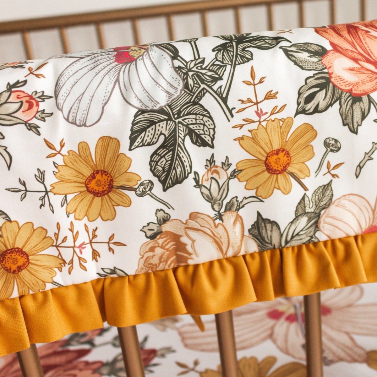 Vintage Earthy Floral Golden Ruffled Crib Rail Guards - gender_girl, Theme_Floral, Vintage Earthy Floral