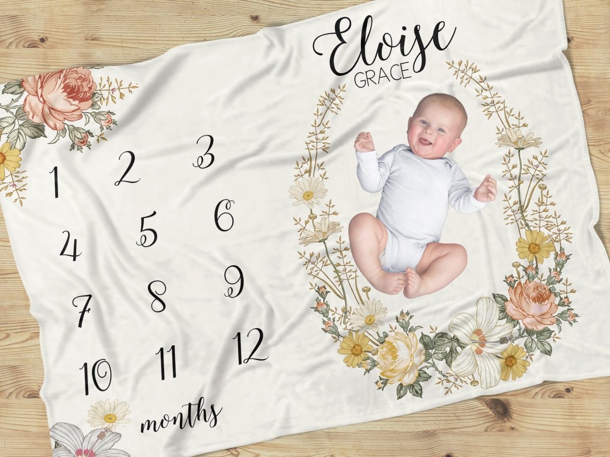 Vintage Earthy Floral Milestone Blanket - gender_girl, text, Theme_Floral