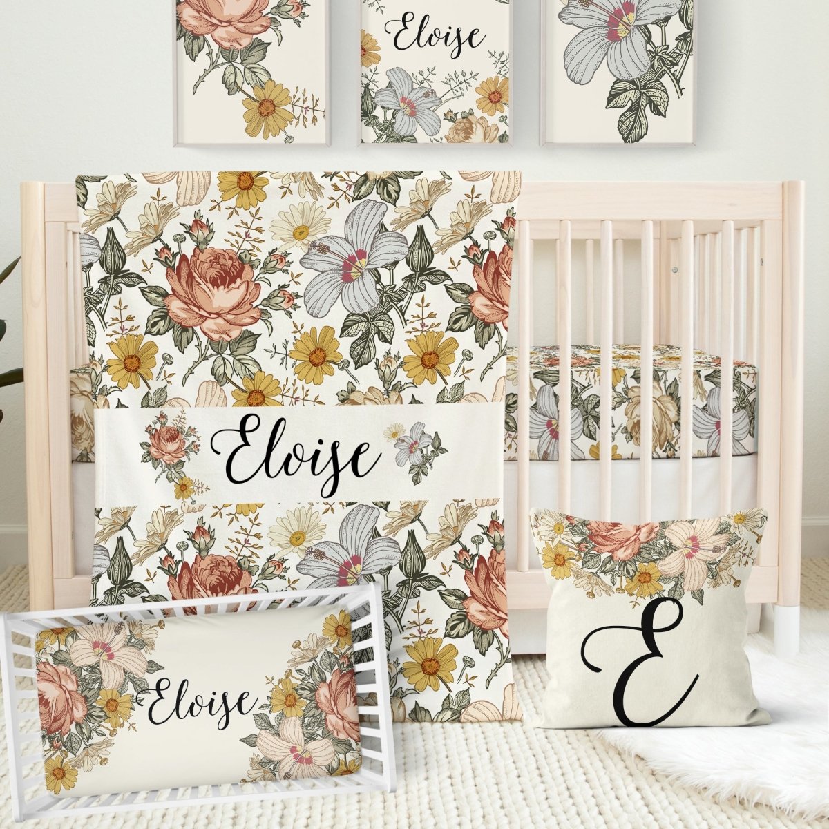 Vintage Earthy Floral Personalized Crib Sheet - gender_girl, Personalized_Yes, text