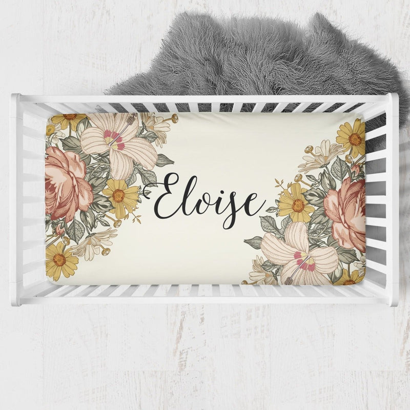 Vintage Earthy Floral Personalized Crib Sheet - gender_girl, Personalized_Yes, text