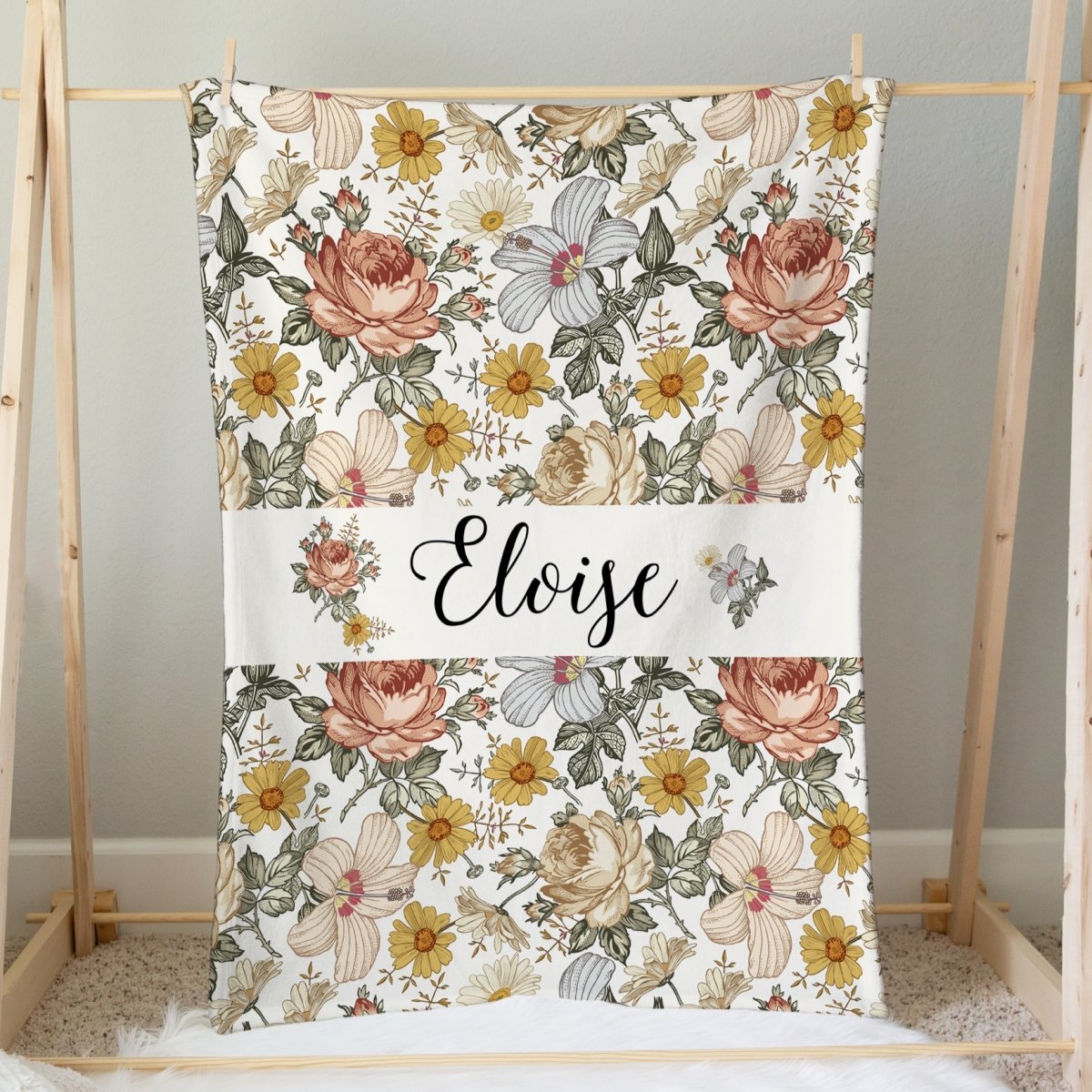 Vintage Earthy Floral Personalized Minky Blanket - gender_girl, Personalized_Yes, Pink and Navy Petals