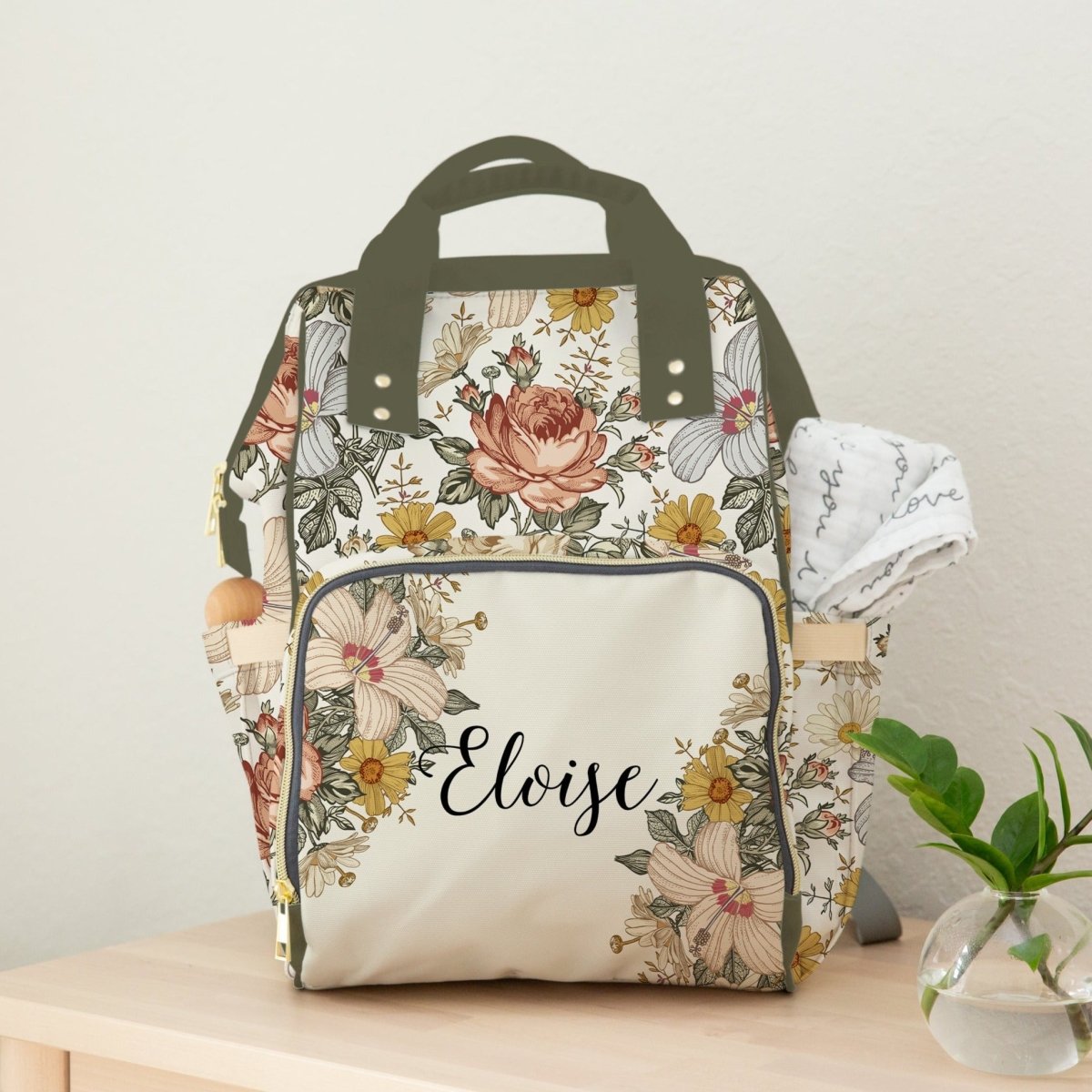 Vintage Floral Personalized Backpack Diaper Bag - gender_girl, text, Theme_Floral