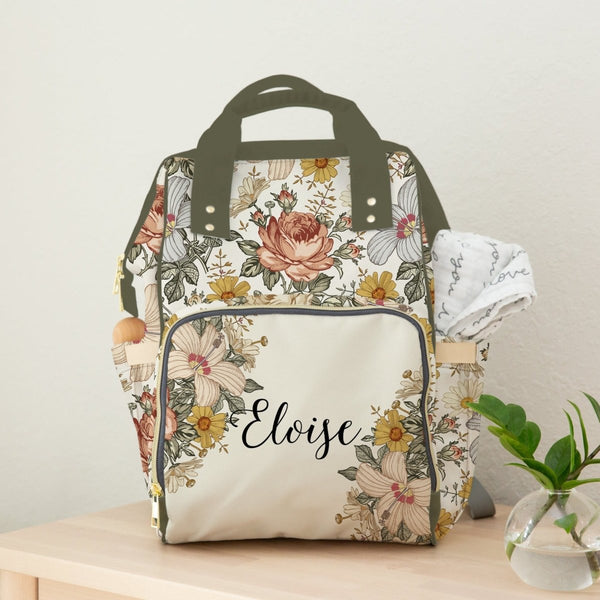 Vintage Floral Personalized Backpack Diaper Bag - Backpack