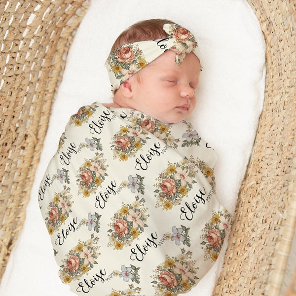 Vintage Floral Personalized Swaddle Blanket Set - gender_girl, Theme_Floral, Vintage Earthy Floral