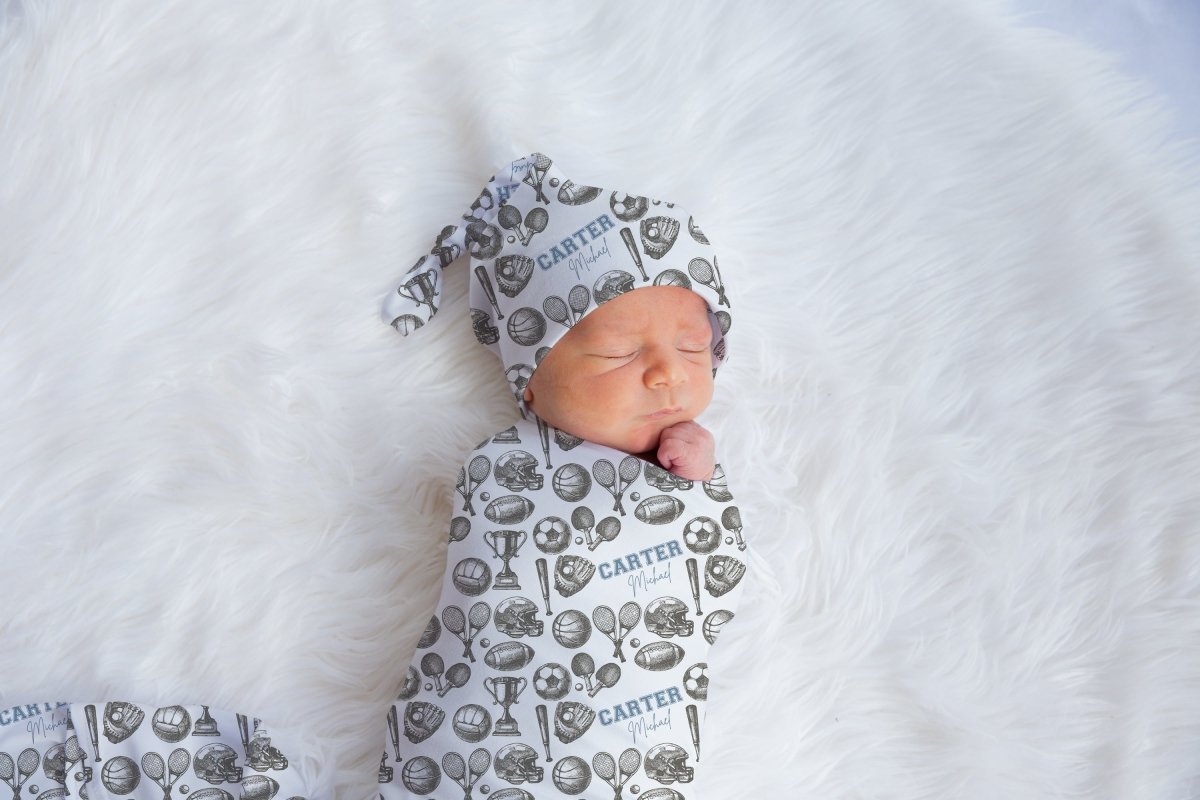 Vintage Sports Personalized Swaddle Blanket Set - gender_boy, text, Vintage Sports