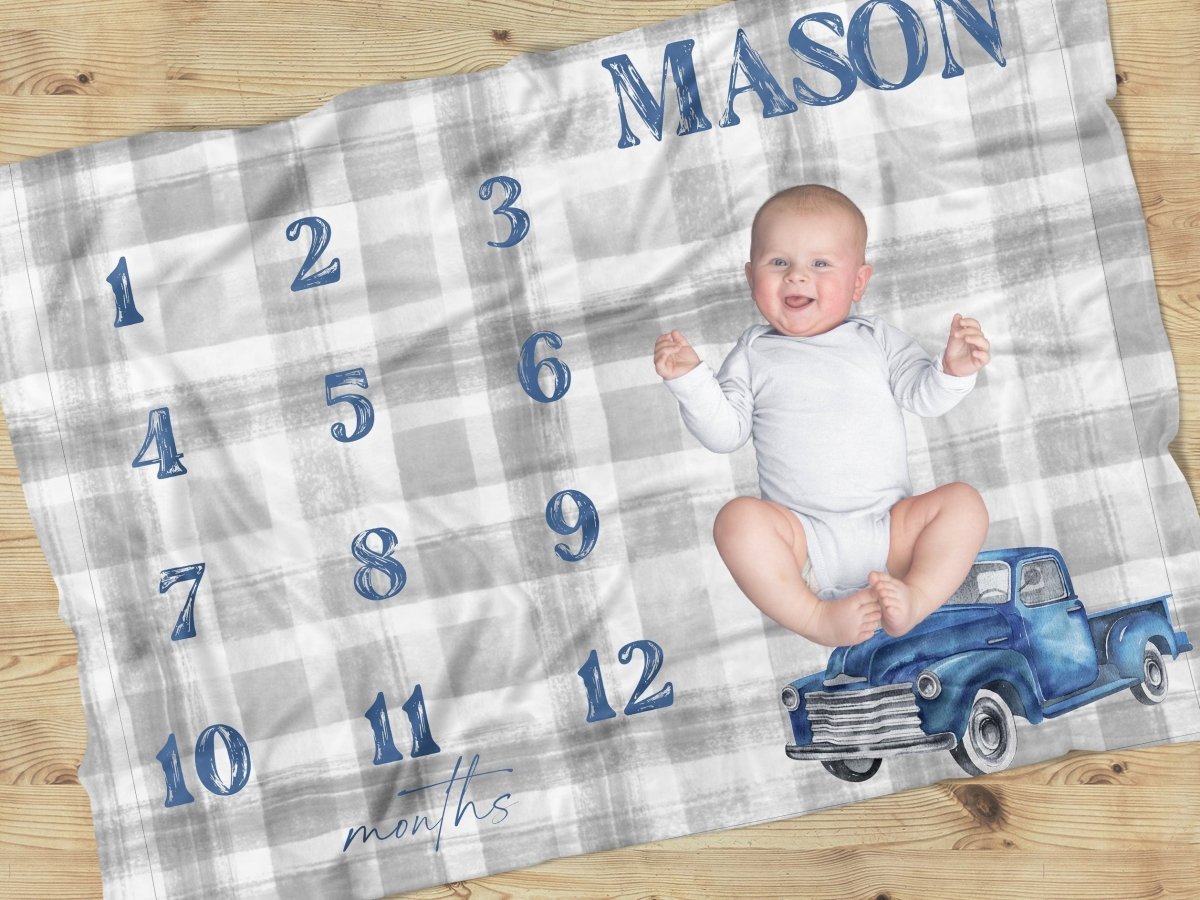 Vintage Truck Milestone Minky Blanket - gender_boy, text, Vintage Truck