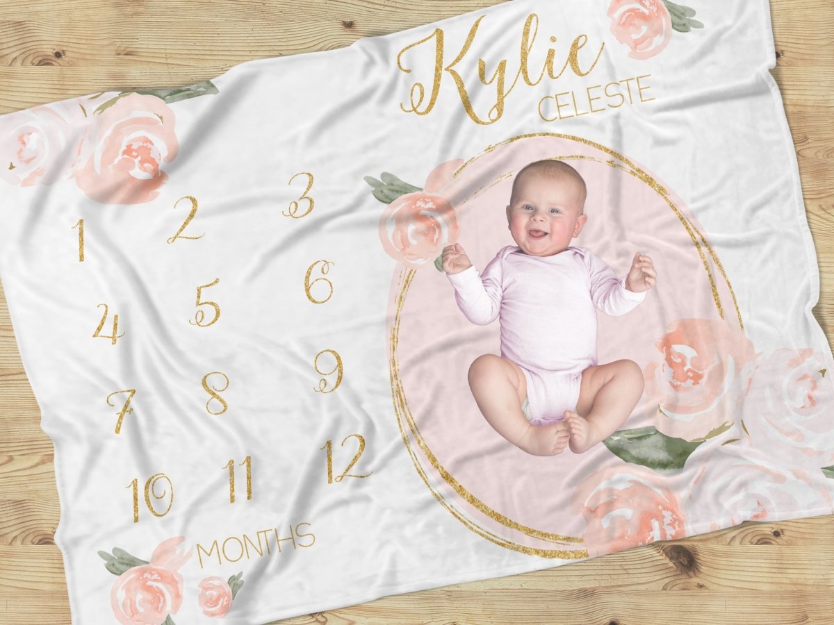 Watercolor Floral Milestone Minky Blanket - gender_girl, text, Theme_Floral