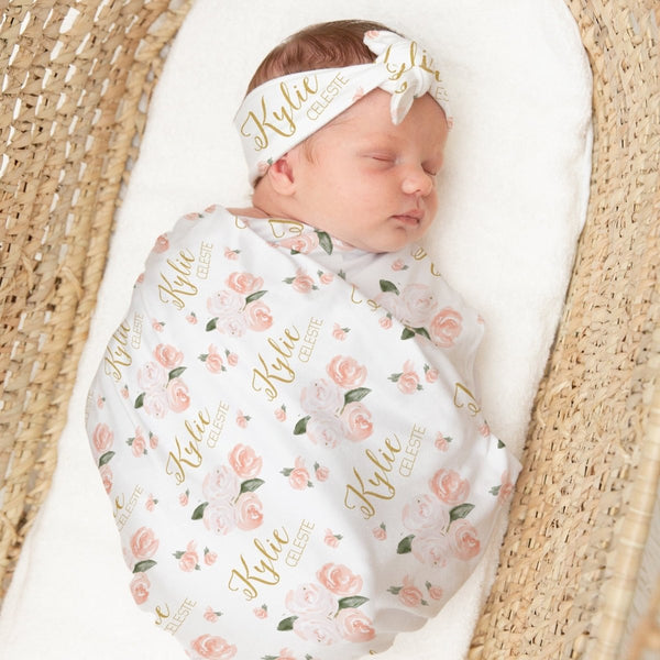 Watercolor Floral Personalized Swaddle Blanket Set - gender_girl, text, Theme_Floral