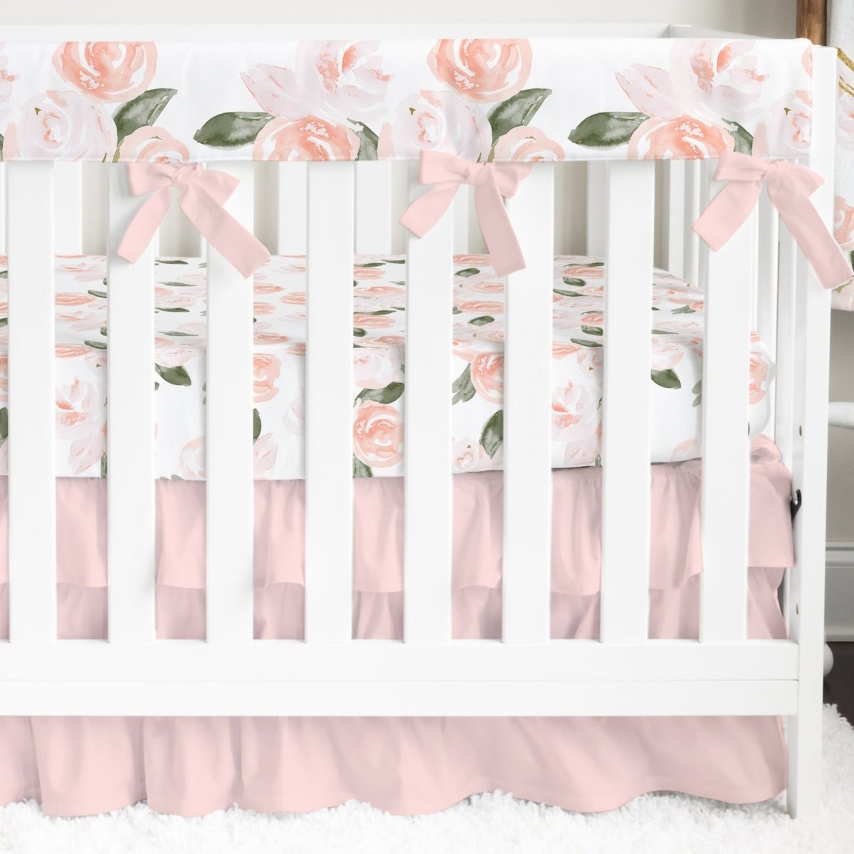 Watercolor Floral Pink Ruffled Crib Bedding - gender_girl, text, Theme_Floral