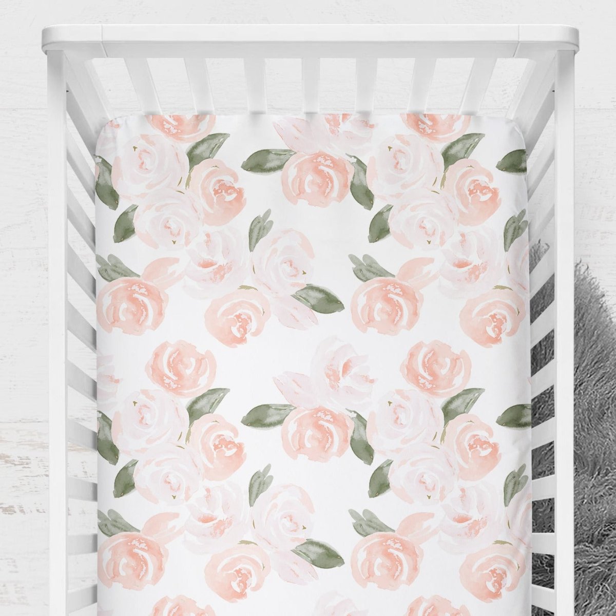 Watercolor Floral Pink Ruffled Crib Bedding - gender_girl, text, Theme_Floral