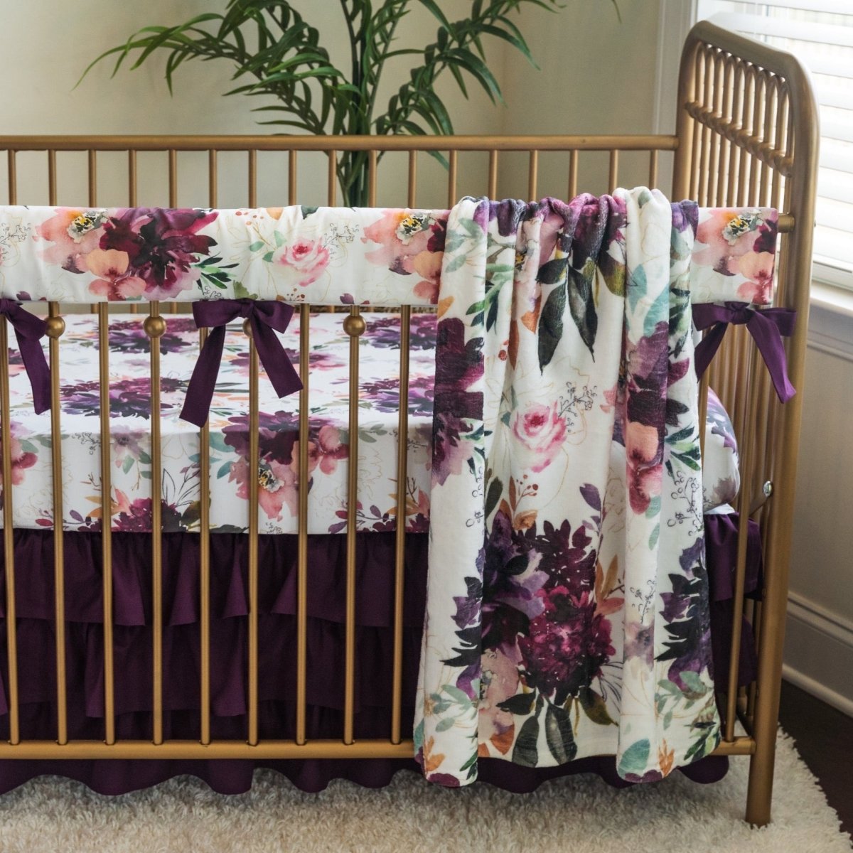 Whisper Floral Eggplant Ruffled Crib Bedding - gender_girl, Theme_Floral, Whisper Floral