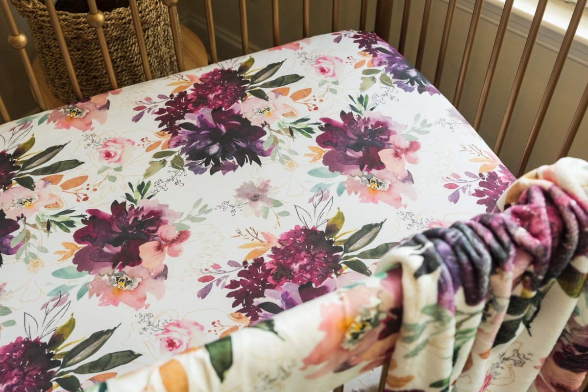 Whisper Floral Eggplant Ruffled Crib Bedding - gender_girl, Theme_Floral, Whisper Floral