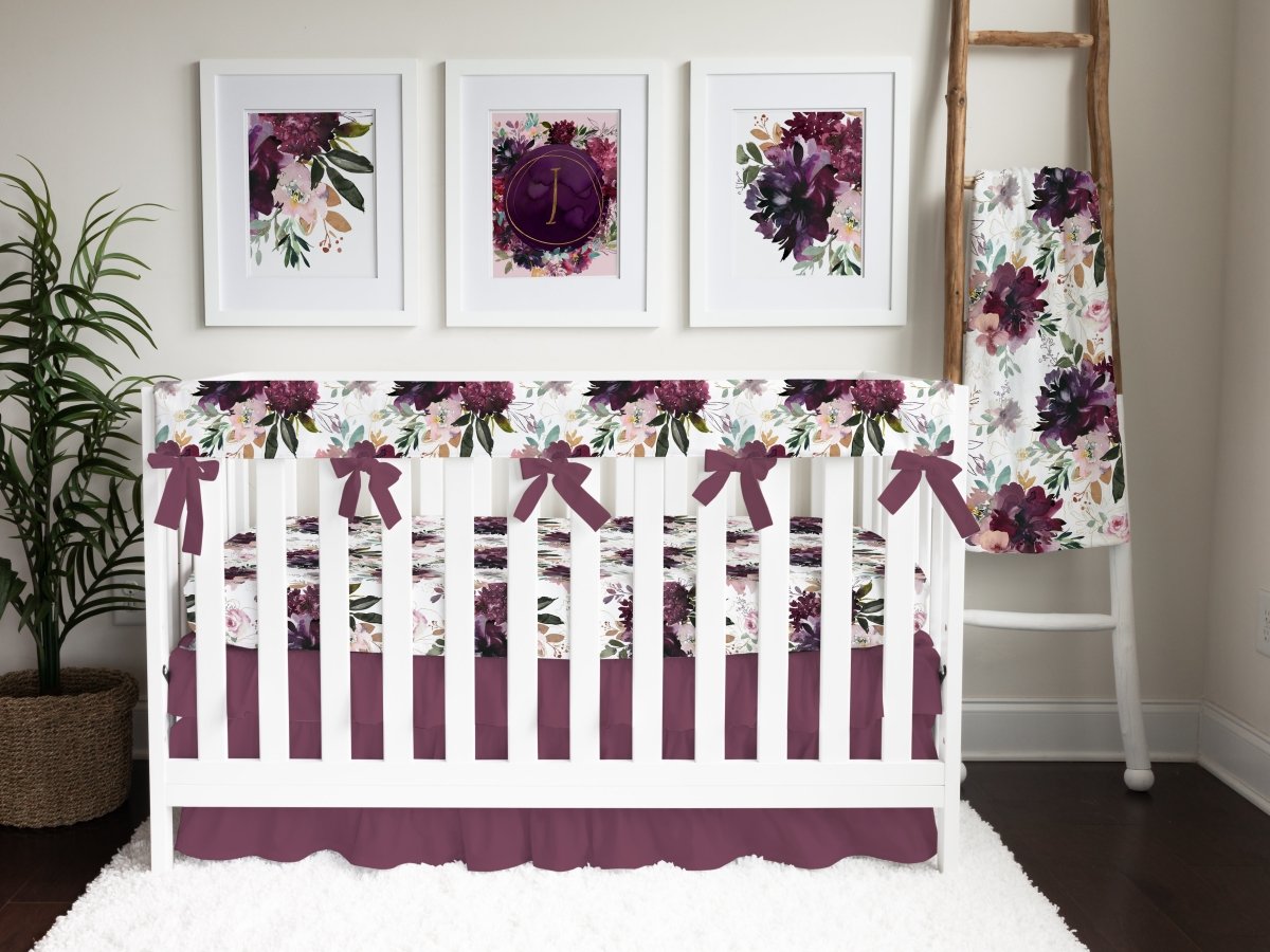 Whisper Floral Ruffled Eggplant Crib Skirt - gender_girl, Theme_Floral, Theme_Solid