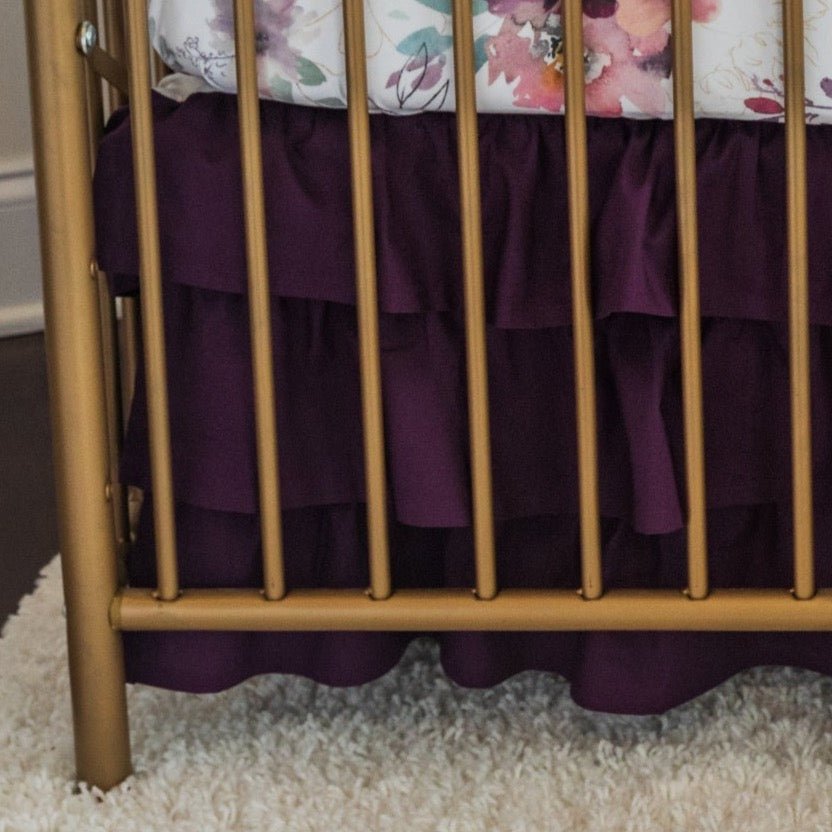 Whisper Floral Ruffled Eggplant Crib Skirt - gender_girl, Theme_Floral, Theme_Solid