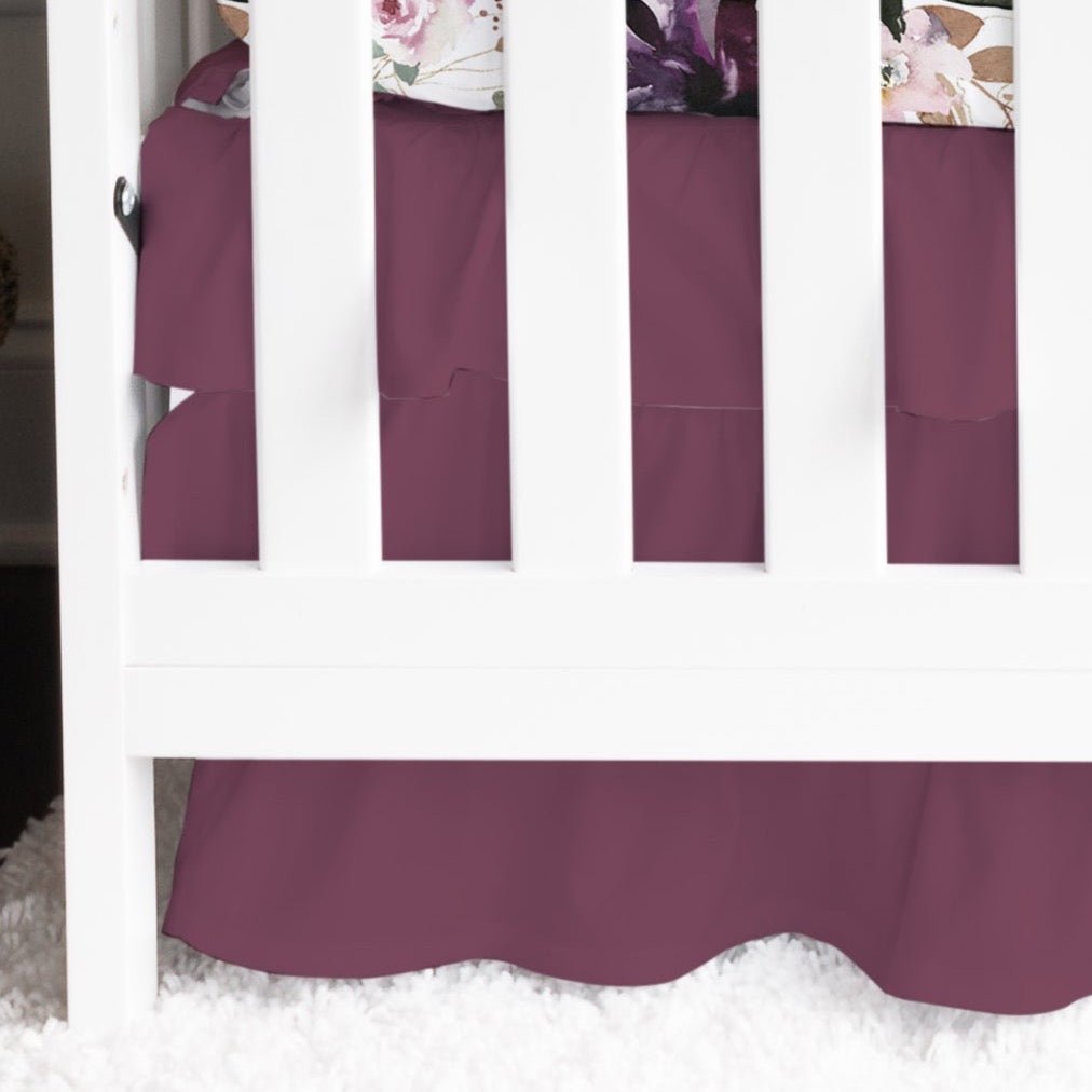 Whisper Floral Ruffled Eggplant Crib Skirt - gender_girl, Theme_Floral, Theme_Solid