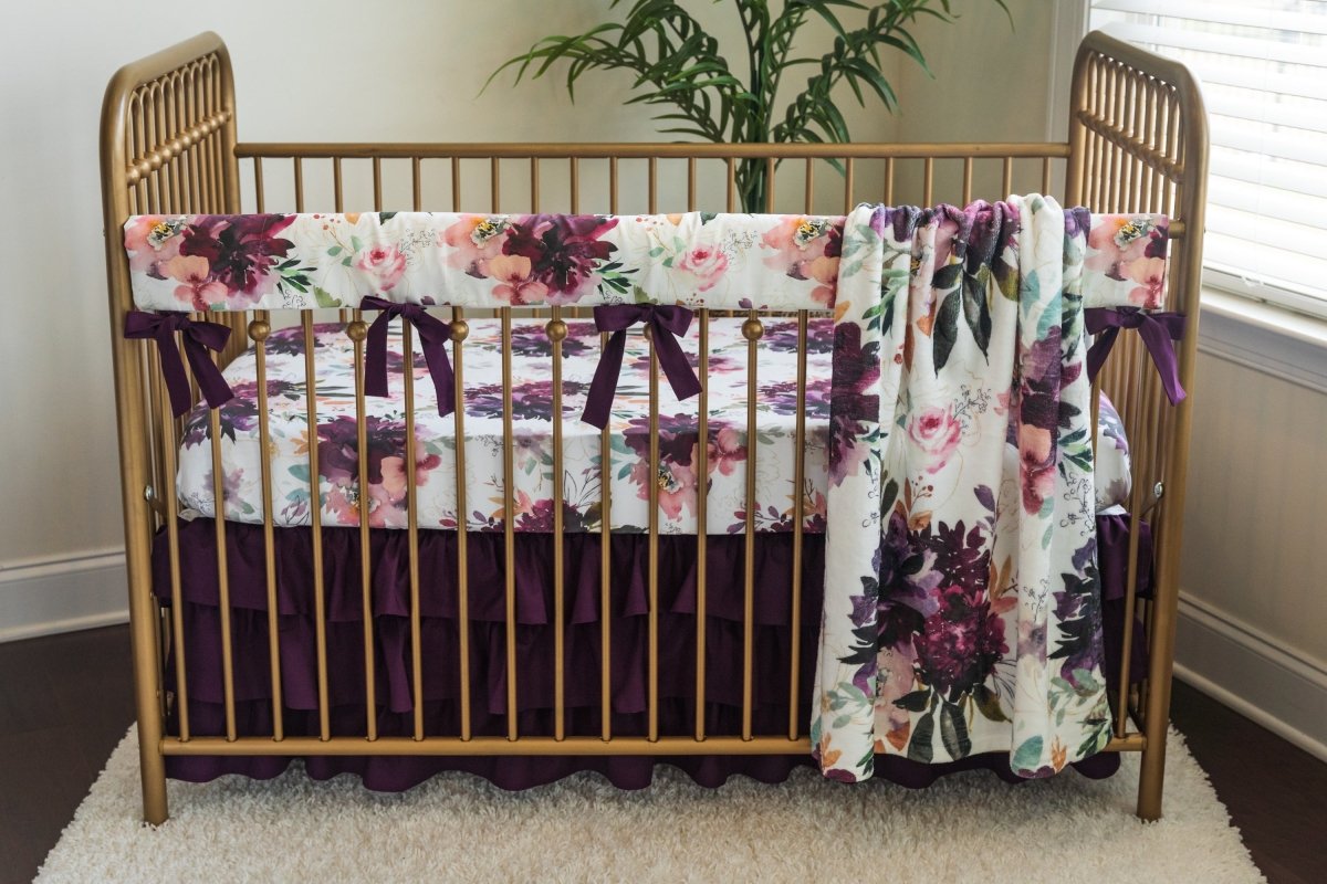 Whisper Floral Ruffled Eggplant Crib Skirt - gender_girl, Theme_Floral, Theme_Solid