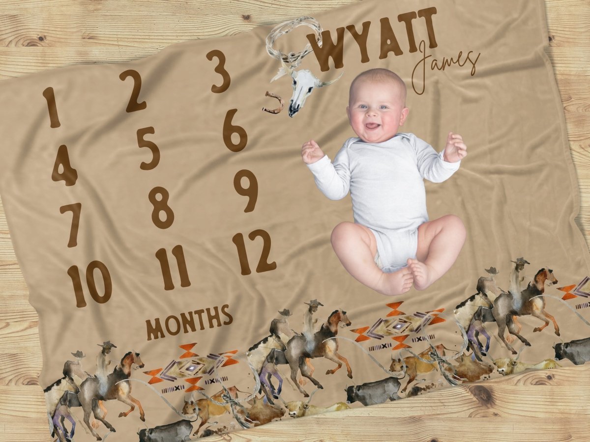 Wild West Cowboy Milestone Minky Blanket - gender_boy, text, Theme_Farm
