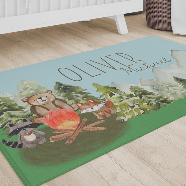 Woodland Camper Personalized Nursery Rug - Boho Rainbow, text, Theme_Woodland