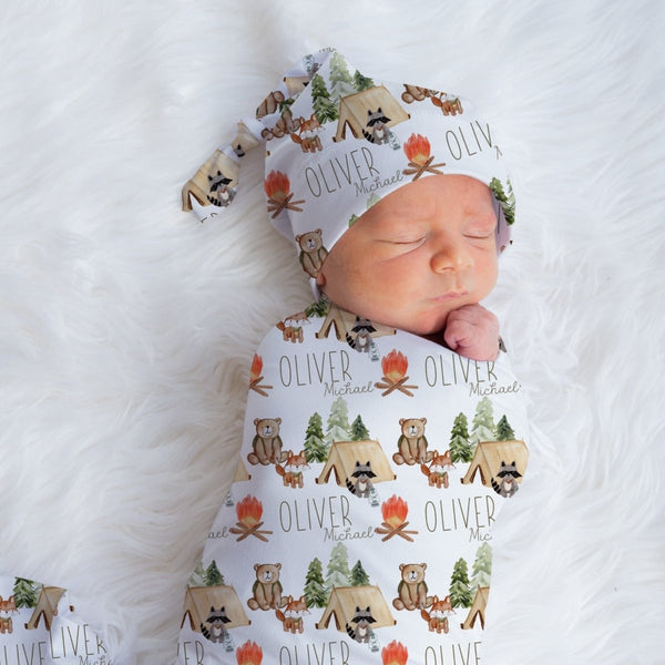 Woodland Camper Personalized Swaddle Blanket Set - gender_boy, text, Theme_Woodland