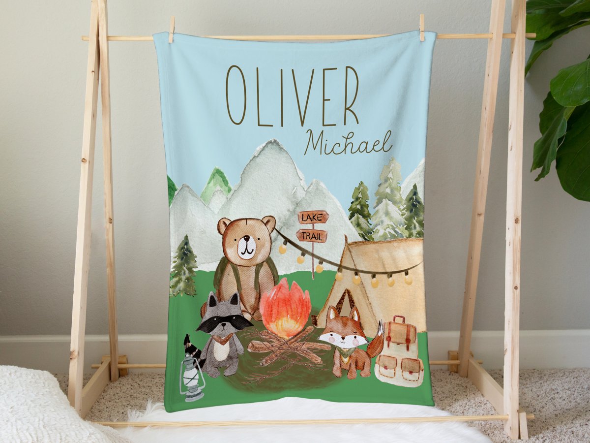 Woodland Camper Wood Grain Personalized Crib Bedding - gender_boy, text, Theme_Adventure