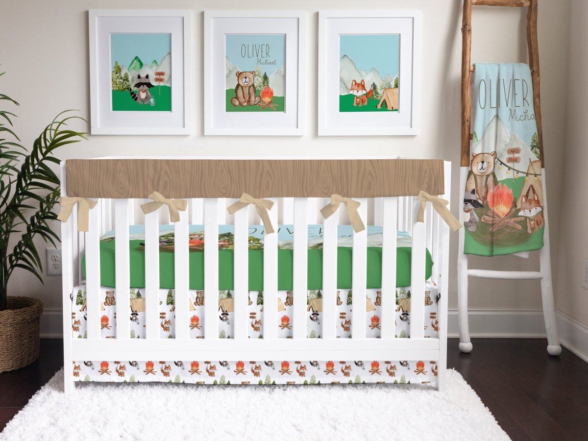 Woodland Camper Wood Grain Personalized Crib Bedding - gender_boy, text, Theme_Adventure