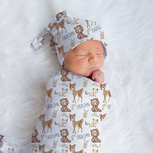 Woodland Friends Personalized Swaddle Blanket Set - gender_boy, text, Theme_Woodland