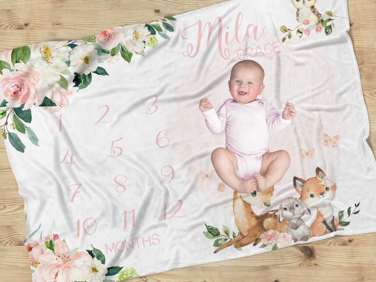 Woodland Meadows Milestone Minky Blanket - gender_girl, text, Theme_Floral