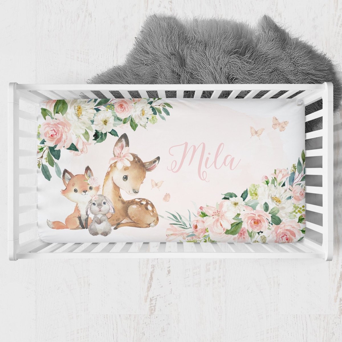 Woodland Meadows Personalized Crib Sheet - gender_girl, Personalized_Yes, text